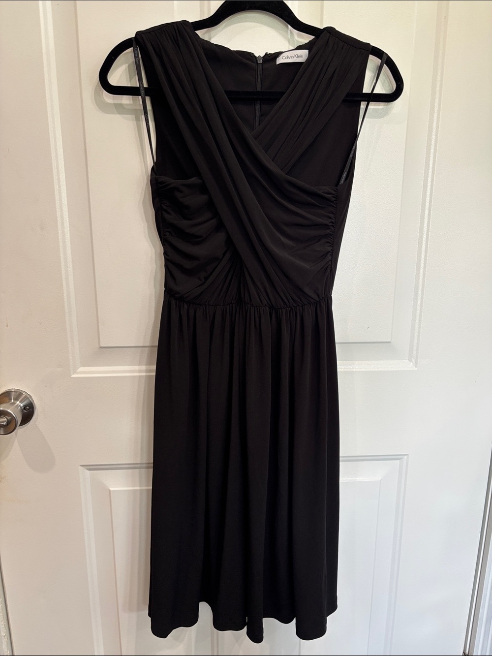 Calvin Klein Black Sleeveless Midi Dress with Draped V-Neck Size XS